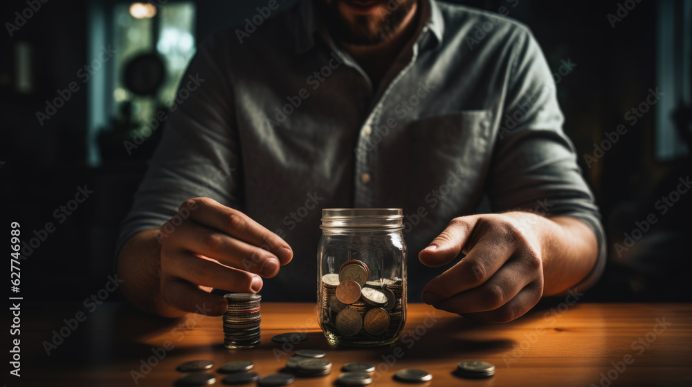 Businessman puts golden coins in a glass jar. Created with Generative AI technology.