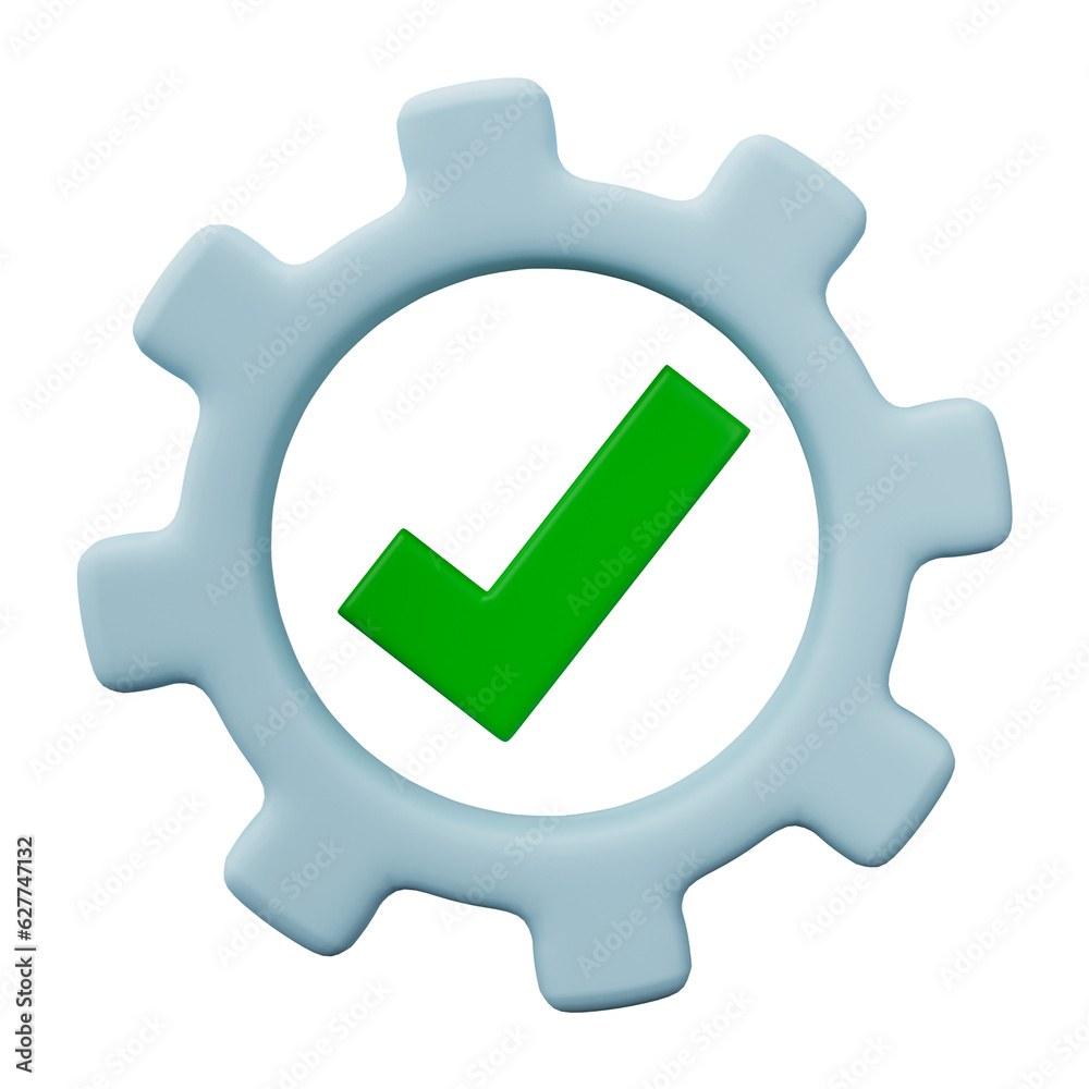 Check mark sign and gear icon, Isolated on transparent background. 3D render Illustration. Check mark sign and gear icon, Isolated on transparent background. 3D render Illustration.