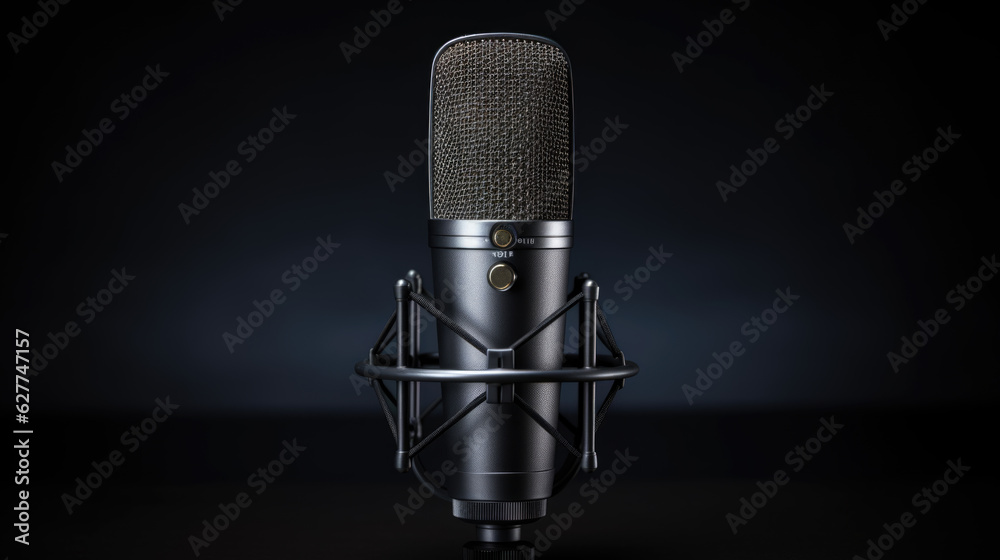 Microphone on the table on dark background, close-up.