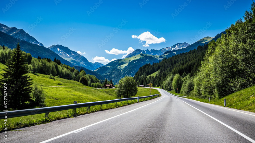 Asphalt road in Austria Alps in a beautiful ,Ai generated art illustration.