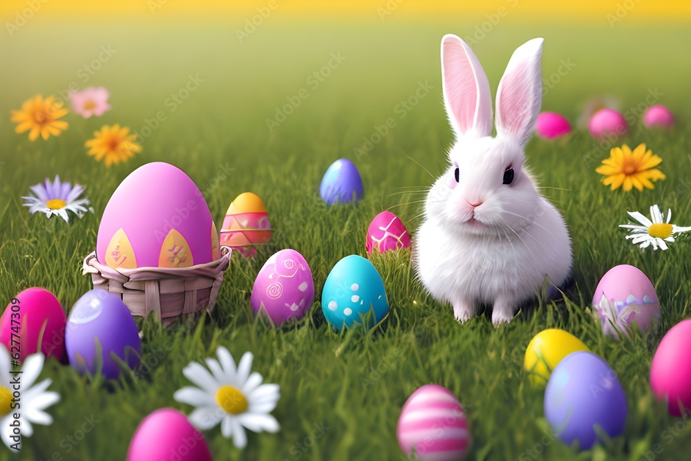 Fototapeta premium easter bunny and easter eggs, generative ai