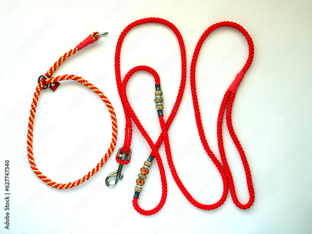 Handmade braided dog leash and collar - red-yellow dog harness Handmade braided dog leash and collar - red-yellow dog harness