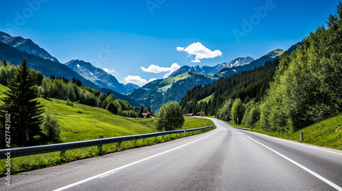 Asphalt road in Austria Alps in a beautiful  Ai generated art illustration.