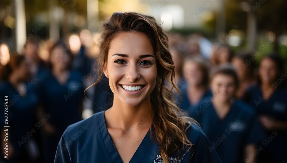 Nursing student standing with her team in hospital, dressed in scrubs Nursing student standing with her team in hospital, dressed in scrubs