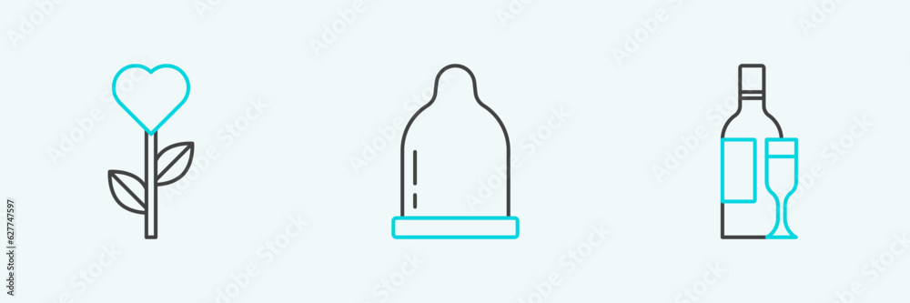Set line Champagne bottle, Heart shape in flower and Condom icon. Vector