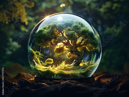 Oak tree growing in a glass orb, forest background, dynamic lights, hyper detailed, ultra realistic