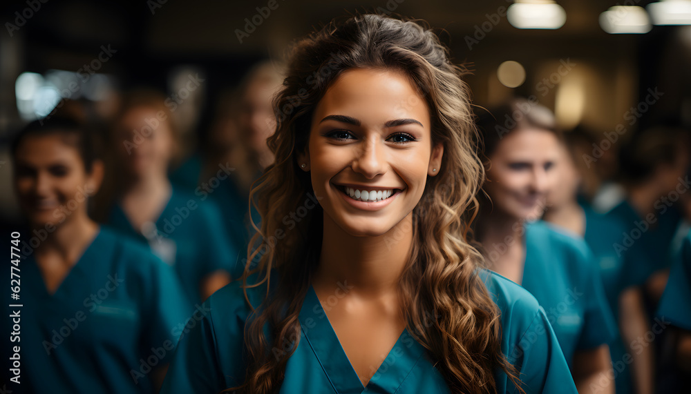 Female Intern doctor smiling with her team 
