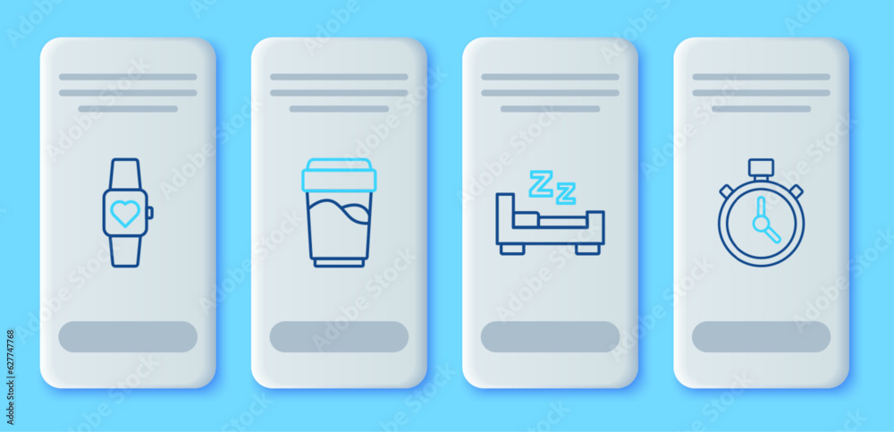 Set line Glass with water, Time to sleep, Smart watch and Stopwatch icon. Vector