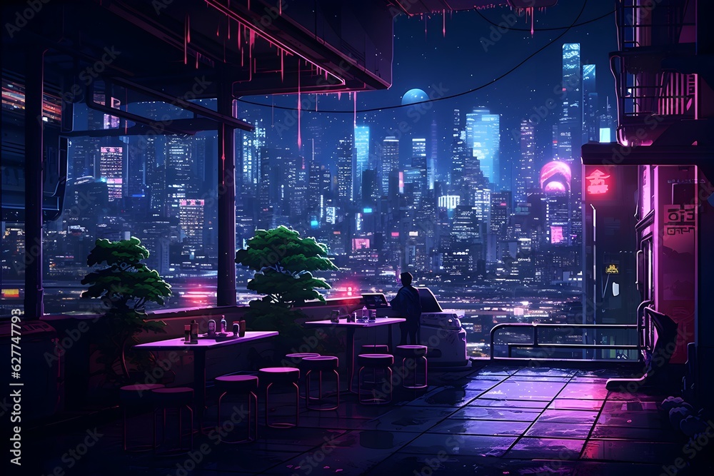 City at night with neon, in the style of anime art, retro - futuristic cyberpunk. generative AI illustration.