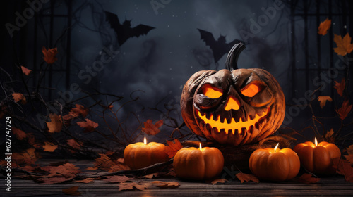 Halloween pumpkin head jack lantern on Spooky background.