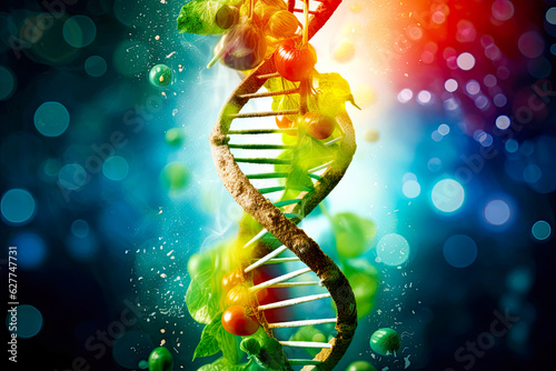 Helix DNA strand of GMO food. Genetically modified crop, biotechnology and agricultural engineering to fruit and vegetable.