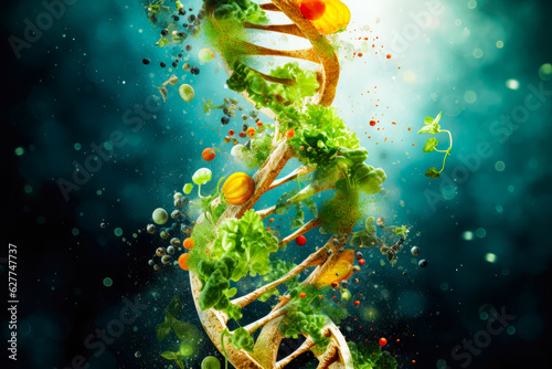 Helix DNA strand of GMO food. Genetically modified crop, biotechnology and agricultural engineering to fruit and vegetable.