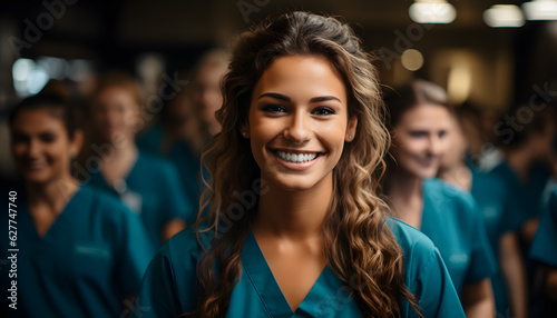 Female Intern doctor smiling with her team 