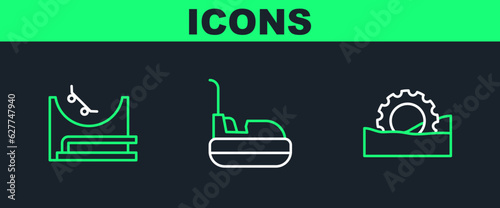 Set line Ferris wheel, Skate park and Bumper car icon. Vector