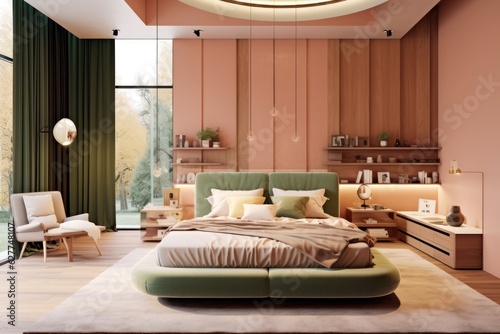 Stylish interior of contemporary bedroom with comfortable bed and luxurious finishings