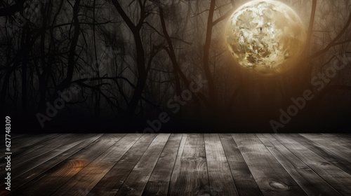 Spooky halloween background with empty wooden planks, dark horror background.