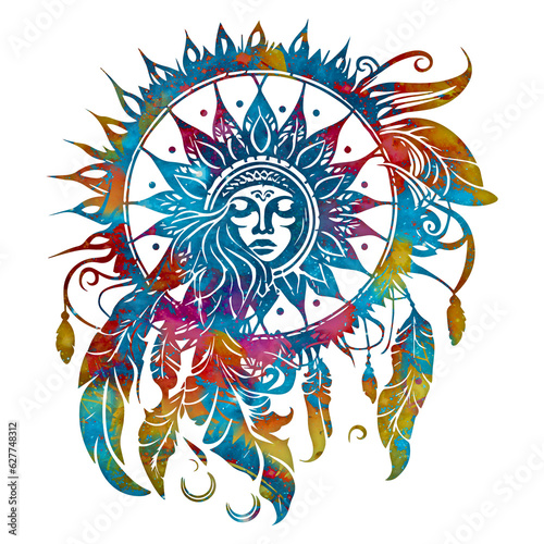 Dream catcher, dreamcatcher, woman, feathers, sun, isolated without background