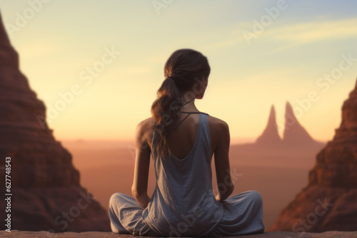 Woman doing yoga, meditating in the mountains, view from the back. AI generative