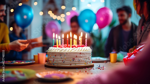 Canvastavla white birthday cake with candles, birthday party for children, children having f