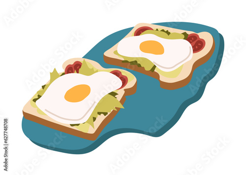 Toast with egg and salad on cutting board concept. Sandwiches with vegetables. Tasty and healthy food on blue plate. Cartoon flat vector illustration isolated on white background