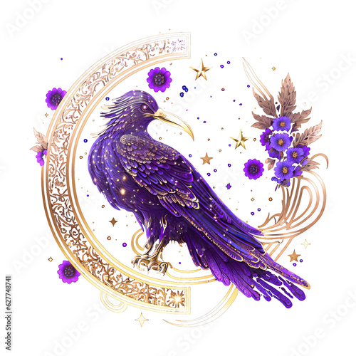 Mystic crow, blackbird, flowers, stars, Celtic, Nordic, animal, isolated, without background photo