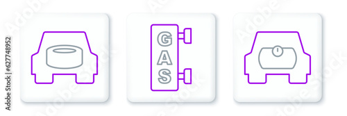 Set line Gas tank for vehicle, Spare wheel in the car and filling station icon. Vector