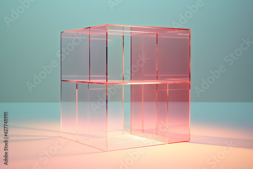 transparent pink glass cube in pastel studio background  photo