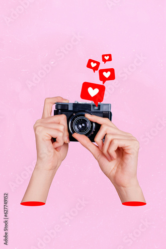 Collage 3d image of pinup pop retro sketch of hands holding retro vintage camera social media photo like heart icon photographer photo