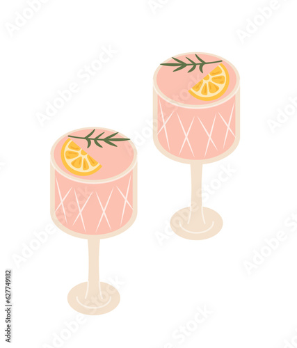 Cocktail in glass concept. Delicious tropical cold drinks, beverage. Poster or banner. Margarita with orange and herbs. Cartoon flat vector illustration isolated on white background