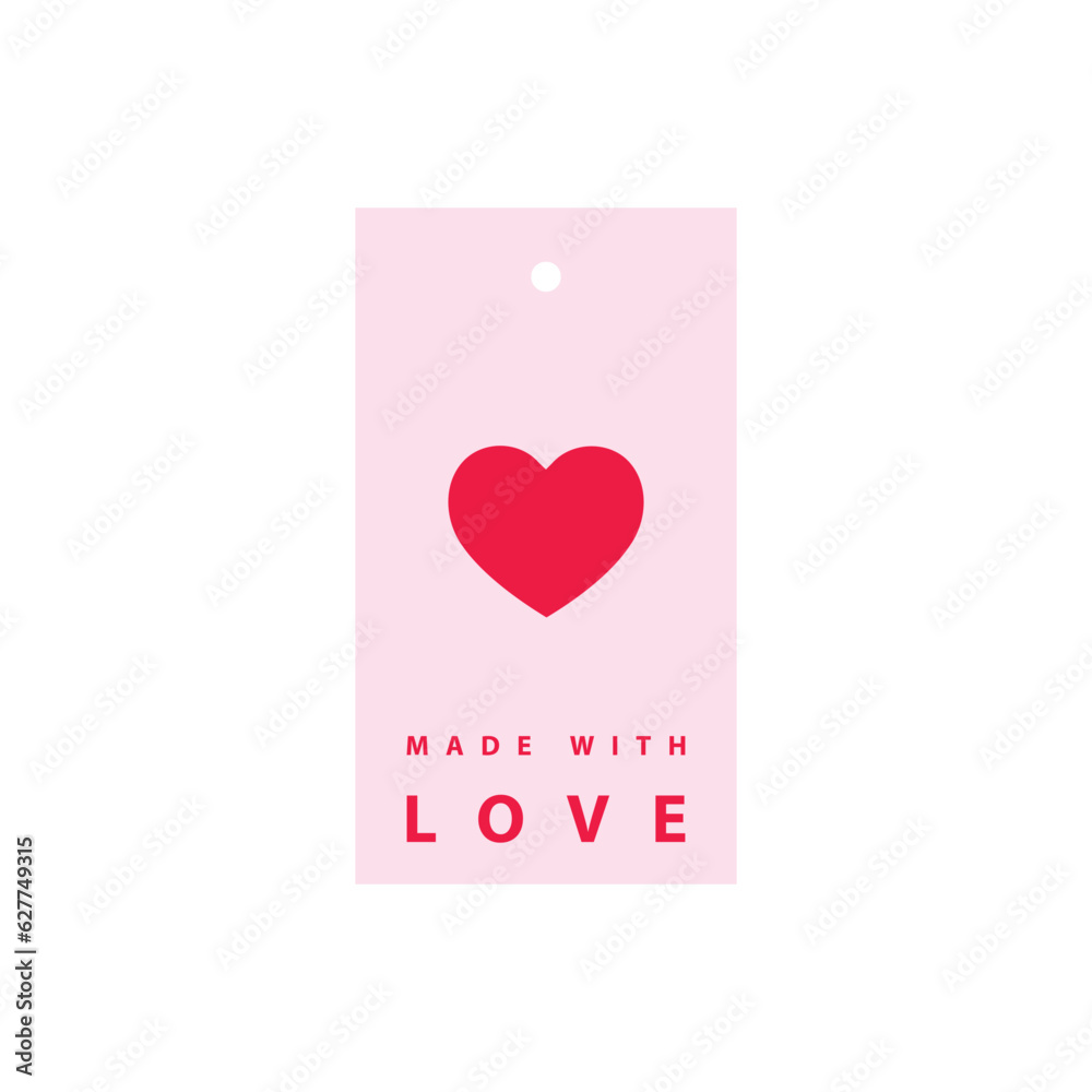 Red heart symbol label- made with love, pink background