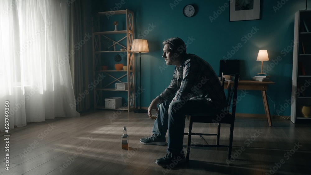 A man sits in a dark room on a chair in front of a window from which light streams. The man looks into the light, holds a glass of alcohol in his hand, there is an almost empty bottle on the floor.