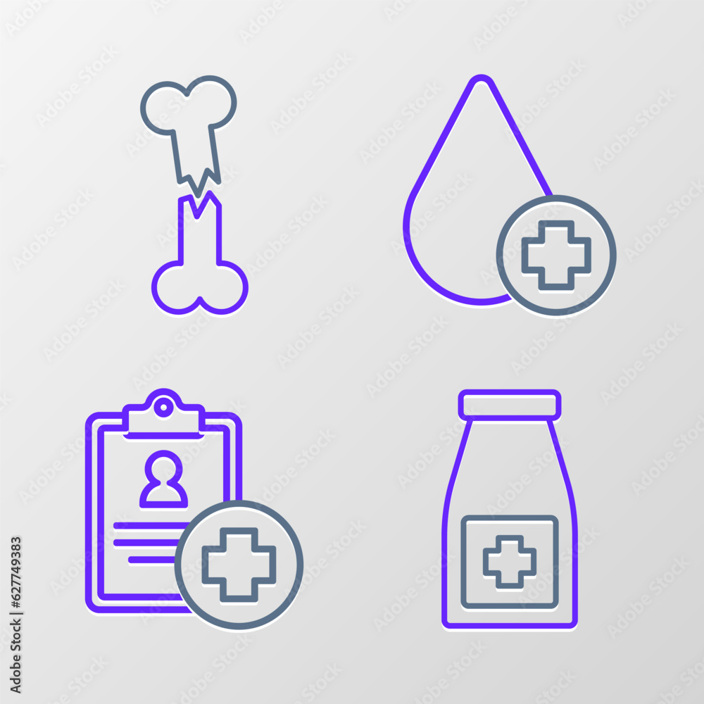 Set line Medicine bottle and pills, Patient record, Donate drop blood and Human broken bone icon. Vector Set line Medicine bottle and pills, Patient record, Donate drop blood and Human broken bone icon. Vector