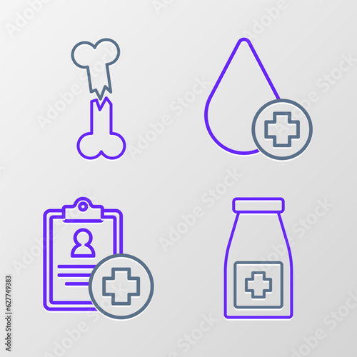 Set line Medicine bottle and pills, Patient record, Donate drop blood and Human broken bone icon. Vector