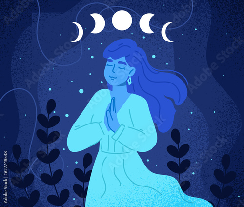 Unplugged meditative woman concept. Esotericism and mysticism, intangible energy. Witchcraft and sorcery, spiritual seances. Digital detox and freedom. Cartoon flat vector illustration
