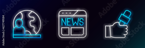 Set line Journalist news, World and News icon. Glowing neon. Vector