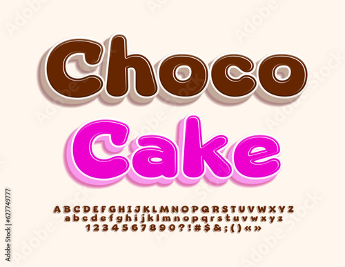 Vector creative advertisement  Choco Cake. Brown Glossy Font. Bright 3D Alphabet Letters and Numbers