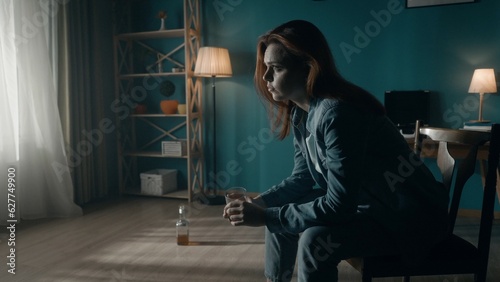 A woman sits in a dark room on a chair close up, in front of a window. A woman looks into the light, holds a glass of alcohol in his hand, there is an almost empty bottle on the floor. photo