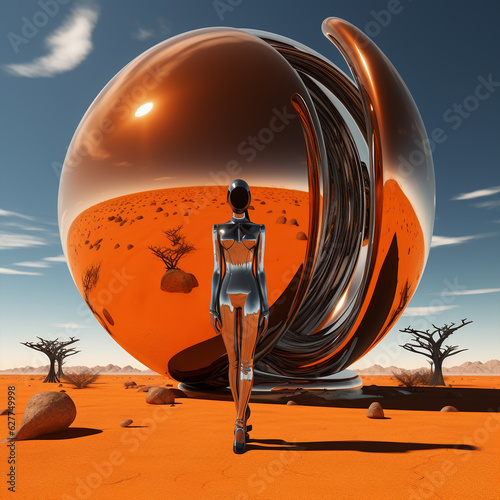 Generative ai feminine humanoid model editorial fashion posing desert