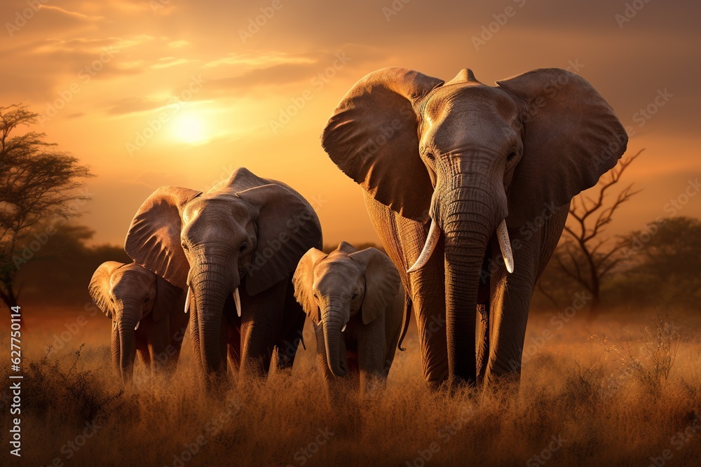 Obraz premium a herd of elephants walking at sunset with the sun in the background