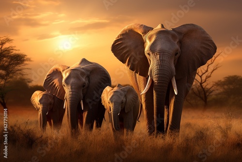 a herd of elephants walking at sunset with the sun in the background © id512