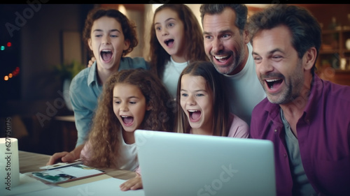 Parents cheering for exam results with their daughters at the computer screen with excitement and joy. generative AI