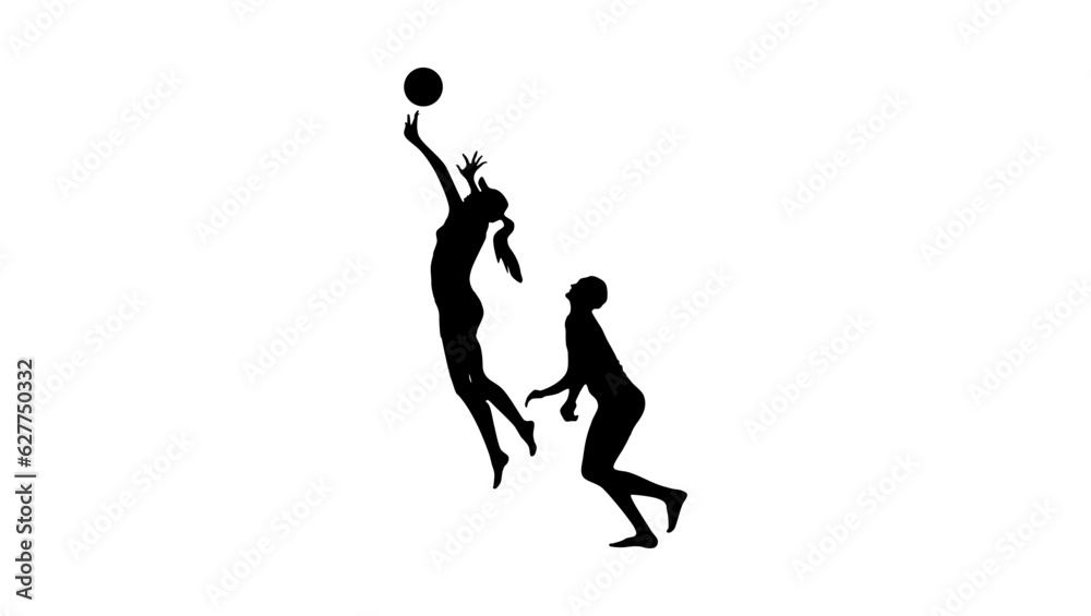 Beach volleyball, a silhouette of two women playing beach volleyball. The first woman is jumping up to spike the ball, while the second woman is standing behind her, ready to receive the ball. 