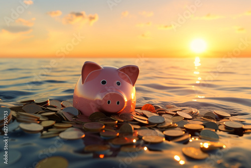 An artistic representation of financial security with a piggy bank floating peacefully on a sea of shimmering coins set against a serene sunset