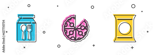 Set Online ordering and delivery, Pizza and Bag packet potato chips icon. Vector