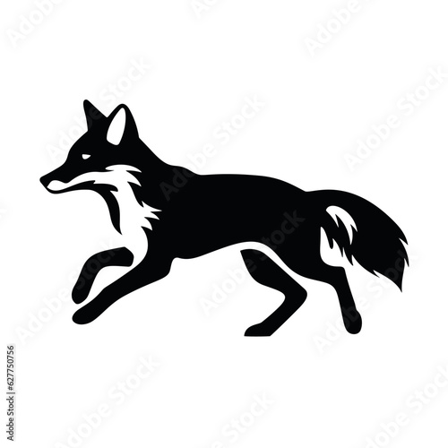 Vector black silhouette of fox jumping isolated on white background
