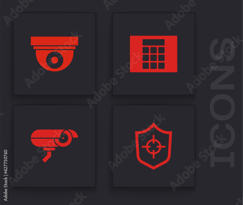 Set Shield, Security camera, Password protection and icon. Vector