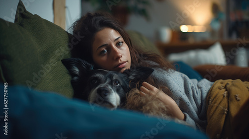 Depressed woman lying on sofa with her dog. © MP Studio