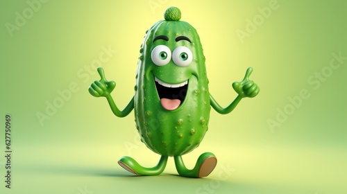  Cartoon character of cucumber on green background. 