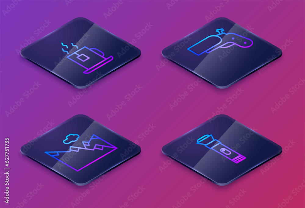 Set Isometric line Cup of tea with tea bag, Mountains, Flare gun pistol and Flashlight. Blue square button. Vector Set Isometric line Cup of tea with tea bag, Mountains, Flare gun pistol and Flashlight. Blue square button. Vector