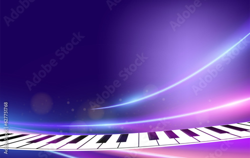Curved piano keys atop purple beams and bokeh, used for cover art, music-related advertising posters.